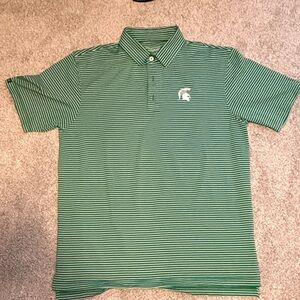 Green Striped Polo with Embroidered Spartan Logo